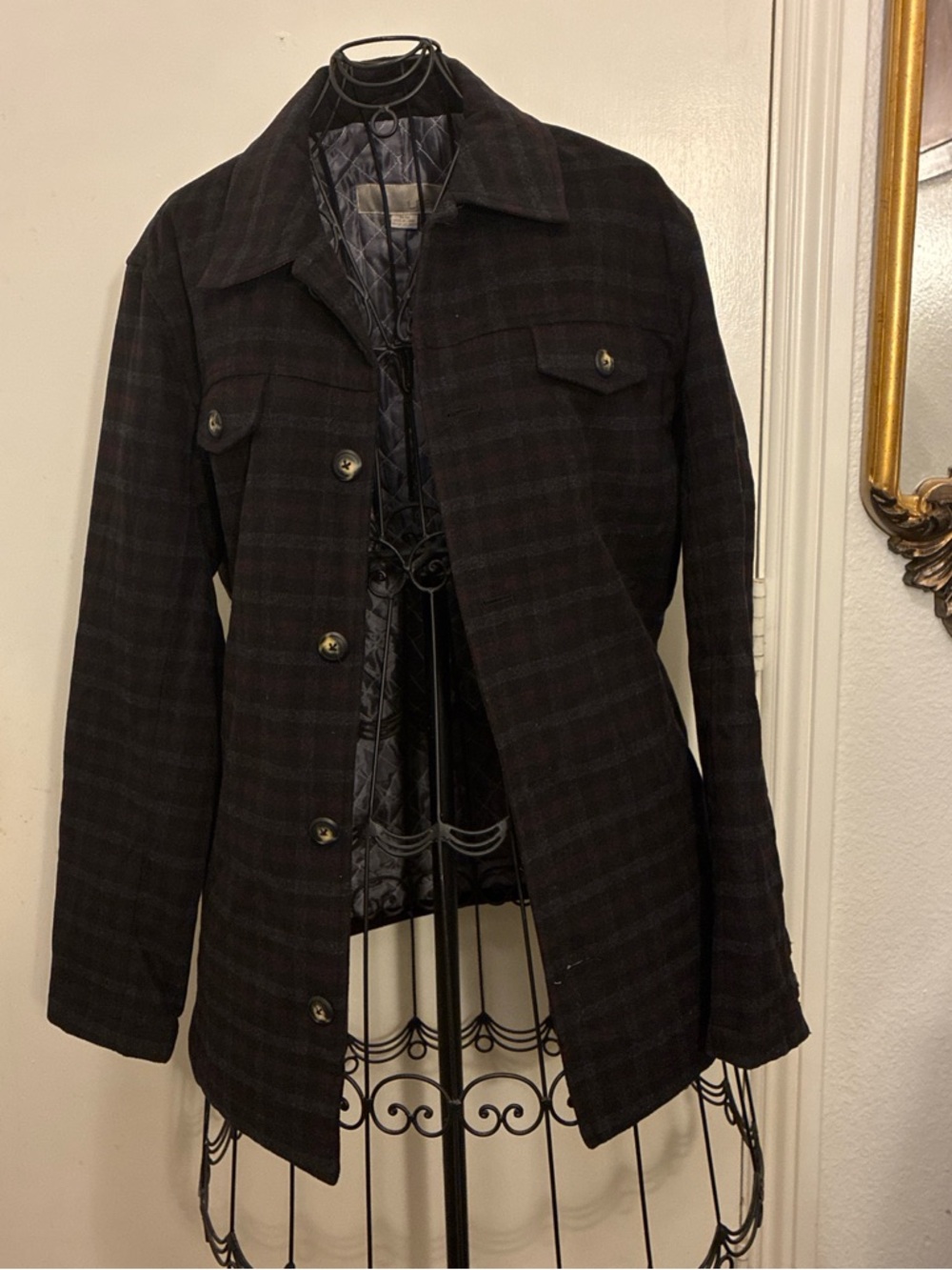 Women’s Black Plaid Pea Coat with Quilted Lining